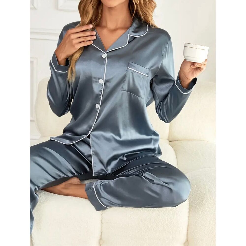 NWT 2 Pc Grey BLU Satin XXL Collar Button Long Sleeve Pants & Top Pajama Set 2XL